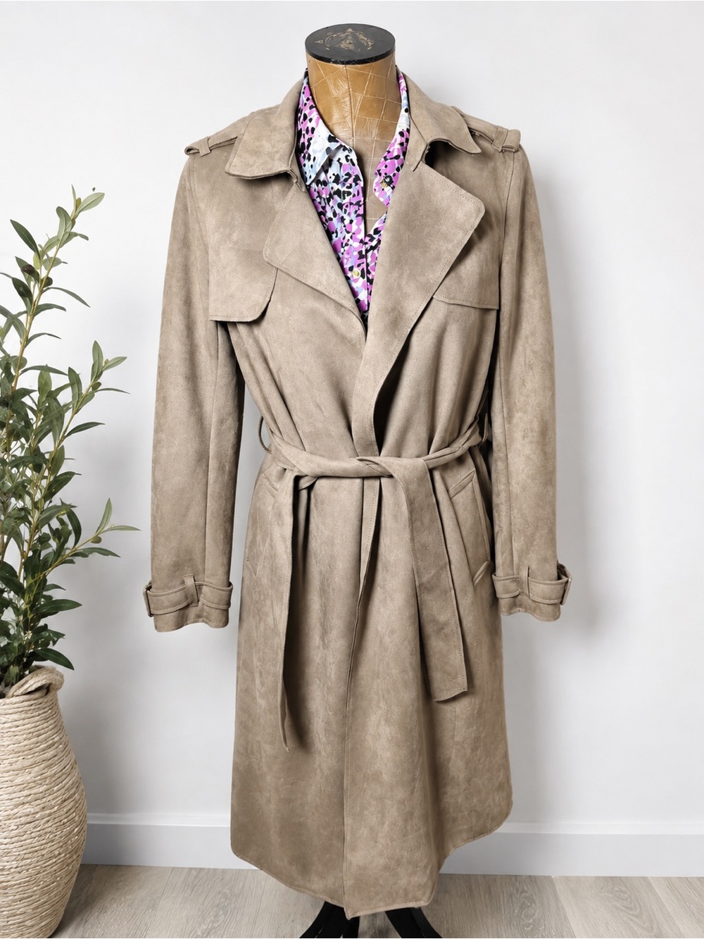 Magaschoni Faux Suede Belted Trench Coat Taupe XS Women’s